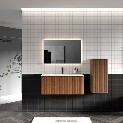 36" Wall Mounted Floating Bathroom Vanity With Ceramic Sink Striped Walnut Bathroom Vanity No Drain And Faucet