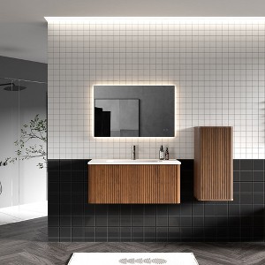 36" Wall Mounted Floating Bathroom Vanity With Ceramic Sink Striped Walnut Bathroom Vanity No Drain And Faucet - 1 of 4