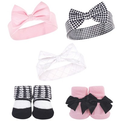 Hudson Baby Infant Girl Headband and Socks Set 5pk, Houndstooth, 0-9 Months