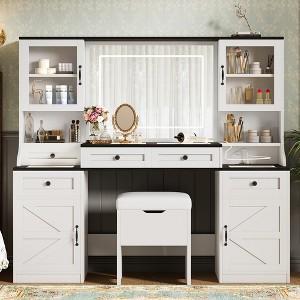 TIRAMISUBEST 61.5" Farmhouse Vanity Set with LED Mirror & Stool - 5 Drawers, 4 Cabinets, Glass Top Dressing Table for Bedroom - 1 of 4