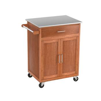 Costway Wood Kitchen Trolley Cart Stainless Steel Top Rolling Storage Cabinet Island