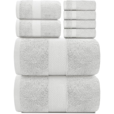 BRINJOY Luxury Bath Towel Set of 8 - 100% Turkish Cotton Highly Absorbent, 2 Luxury Bath Towels 700GSM, 2 Hand Towels, 4 Washcloths, Silver
