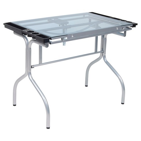 Studio Designs Futura Craft Station Work Table with Adjustable Safety Glass Top, Silver/Blue