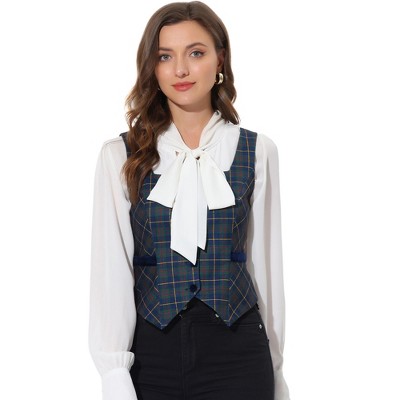 Allegra K Women's Square Neck Single Breasted Sleeveless Vintage Plaid Waistcoat Vest