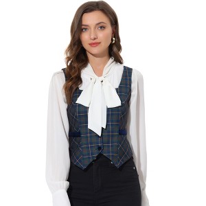 Allegra K Women's Square Neck Single Breasted Sleeveless Vintage Plaid Waistcoat Vest - 1 of 4