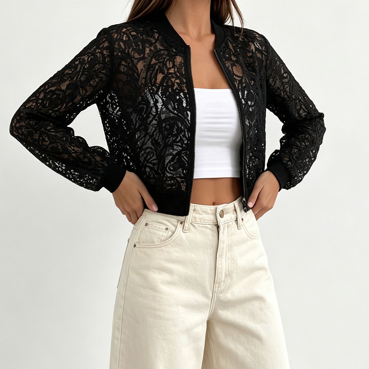 Женская куртка YesFashion Hollow Lace Cropped Bomber Jacket, Zip-Up Stand Collar Slim Long Sleeve Light Outerwear Black, цвет: Чёрный — фото 2