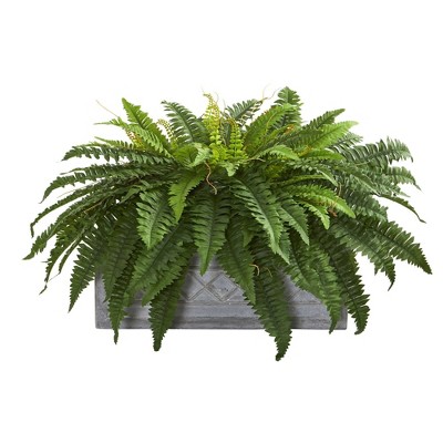 Nearly Natural 30-in Boston Fern Artificial Plant in Stone Planter