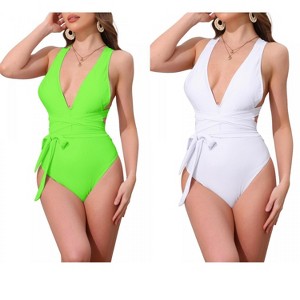 INSPIRE CHIC Women's Deep V Neck Criss Cross Tummy Control High Cut Swimwear Monokini Bikini Suits 2 Sets - 1 of 4