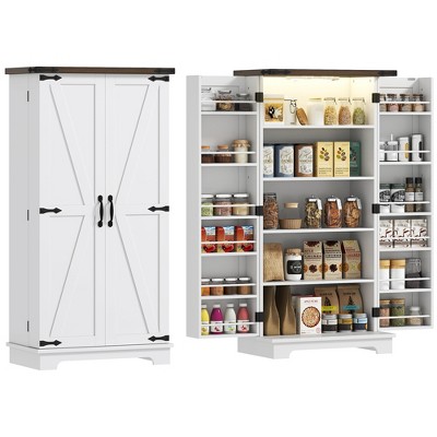 HOMCOM 47" Kitchen Pantry Cabinet with Sensing LED Light, Farmhouse Storage Cabinet with Doors, 2 Adjustable Shelves and 12 Door Shelves, White