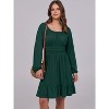 Long Lantern Sleeve Swing Dress with Square Neck & Ruffle Hem, Elastic Waist A-Line Short Dress for Women, Fall Fashion Deep Green - 3 of 4