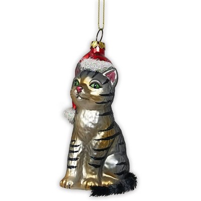 Tabby Cat with Santa Hat Glass Christmas Ornament| OrnamentallyYou