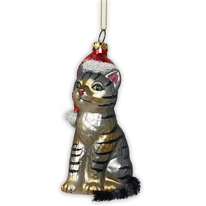 Tabby Cat with Santa Hat Glass Christmas Ornament| OrnamentallyYou - 1 of 4