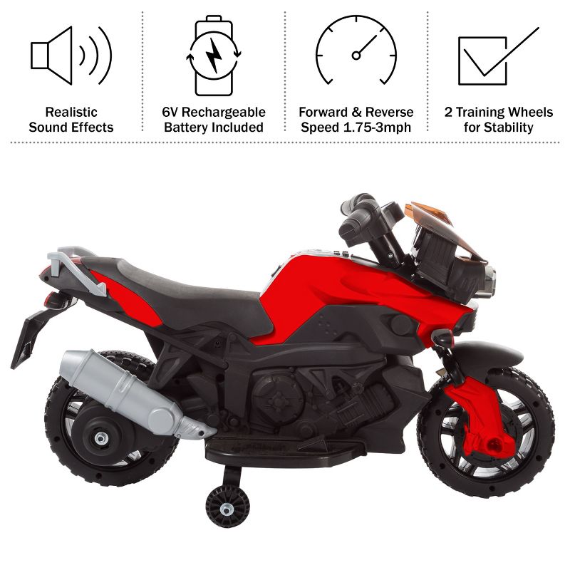 Toy Time Kids Motorcycle - Electric Ride-On with Training Wheels and Reverse Function - Red, 3 of 11