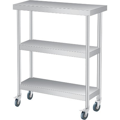 Nasitip Silver Stainless Steel Work Table with 3 Shelves and Optional Wheels, Commercial Prep Table for Kitchen, Garage, Restaurant