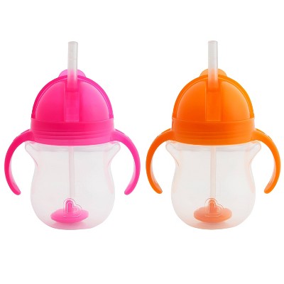 Munchkin Any Angle Click Lock Weighted 2pk Straw Trainer Cup - 7oz - Pink/Orange