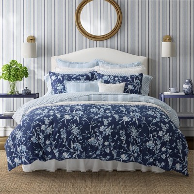 Laura Ashley 7pc Full/queen Branch Toile 100% Cotton Comforter Sham Bonus  Set Blue : Target