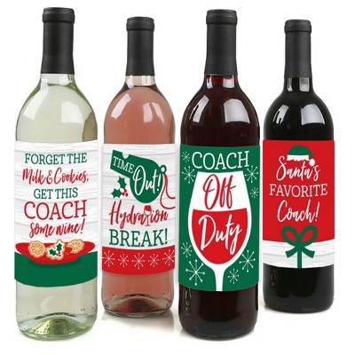 Big Dot of Happiness Christmas Coach Appreciation - Holiday Gifts Decorations for Women and Men - Wine Bottle Label Stickers - Set of 4