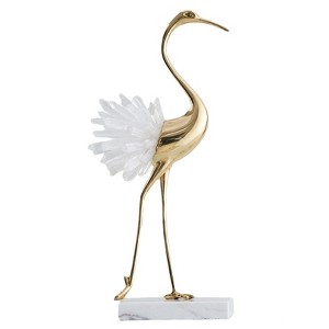 Itopfox Elegant Gold Crane Statue Brass Die Cast Crystal Tail Accent Marble Base 5.5x13 in Decorative Piece for Living Room Entryway - 1 of 4
