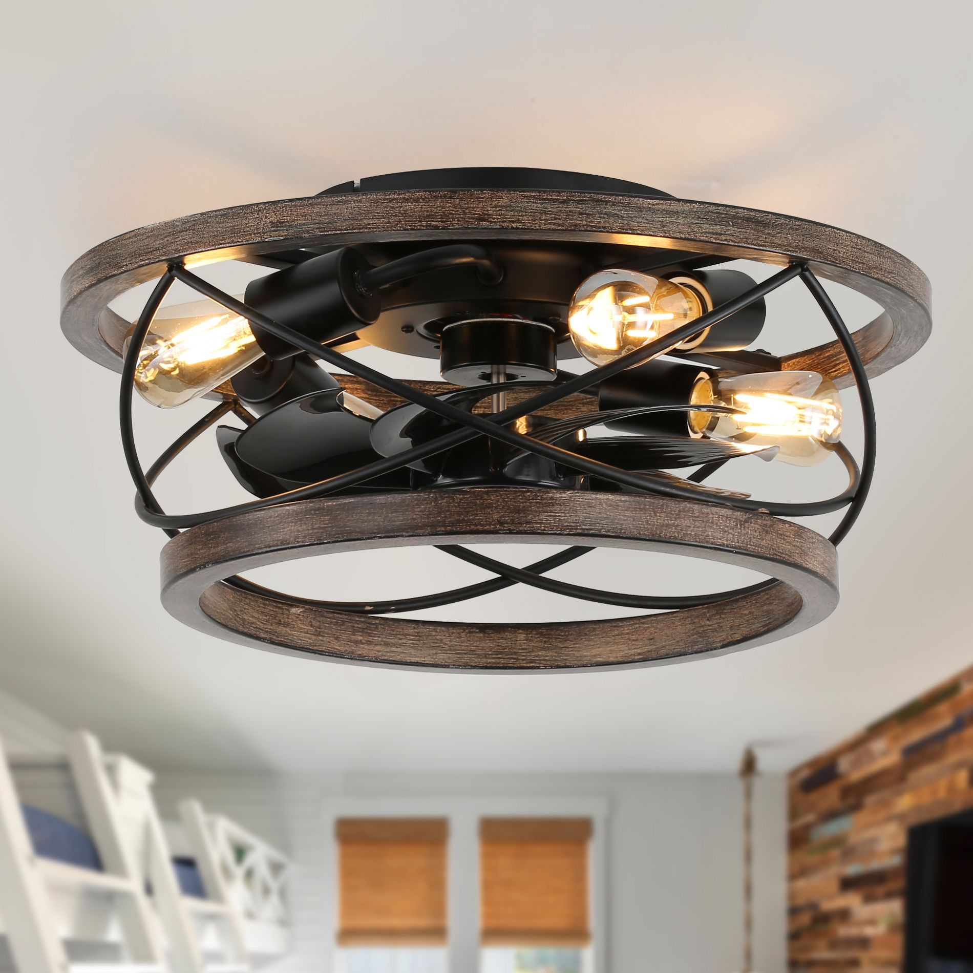Bella Depot 18" Rustic Wood Cage Flush Mount Ceiling Fan 3-speed Reversible Caged Fan with Light and Remote