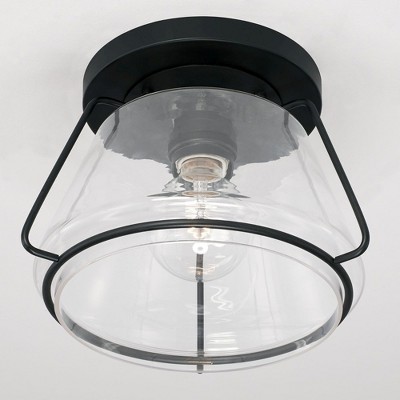 Vintage Lantern-Inspired Matte Black and Clear Glass 1-Light Flush Mount