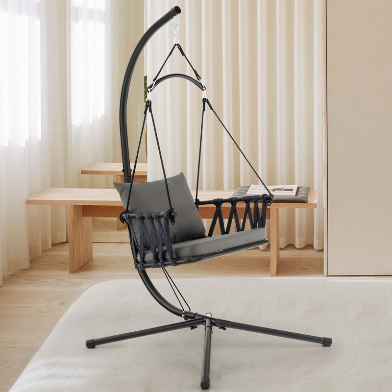 Costway Hanging Swing Hammock Chair with Stand Metal Frame Woven Backrest Seat  Cushions, 2 of 11