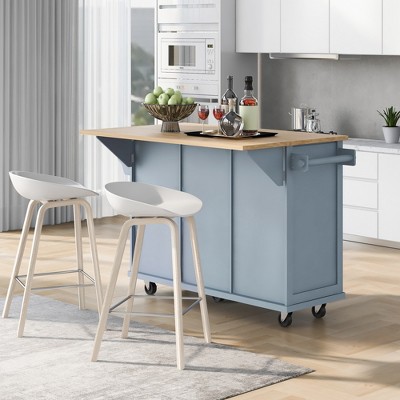 VYNXARIA Kitchen Cart with Rubber wood Drop-Leaf Countertop,Kitchen Island on 5 Wheels with Storage Cabinet and 3 Drawers,Gray blue