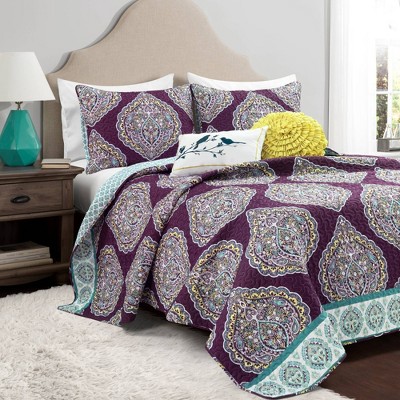 3pc King Tanisha Reversible Quilt Set Gray/Purple - Lush Décor