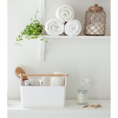 Modern White Plastic Storage Caddy with Sleek Wood Handle