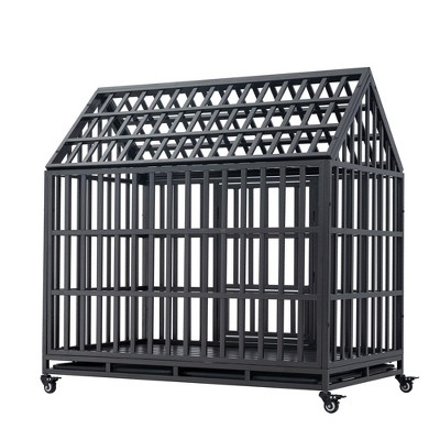 Dog Cage, Heavy-Duty Pet Crate With Roof And Window On Roof, Metal Pet Kennel Playpen With Lockable Wheels For Indoor Outdoor