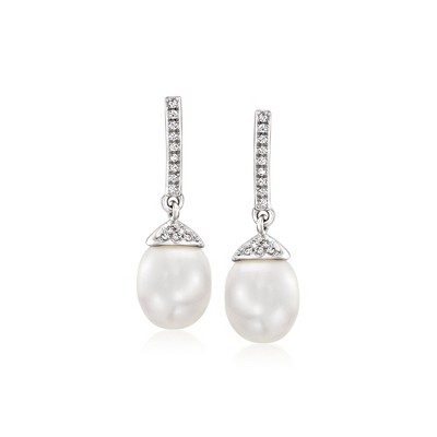 Ross-Simons 7-7.5mm Cultured Pearl Drop Earrings With .10 ct. t.w. Diamonds in 14kt White Gold
