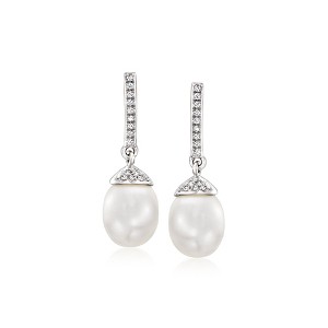 Ross-Simons 7-7.5mm Cultured Pearl Drop Earrings With .10 ct. t.w. Diamonds in 14kt White Gold - 1 of 2