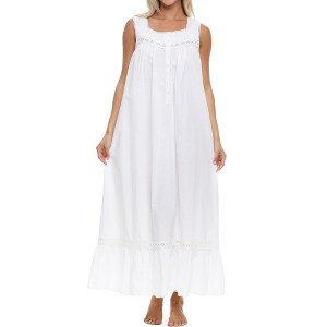 ADR Women's Cotton Nightgown, Sleeveless Lace Trimmed Button Up Long Vintage Night Dress Gown - 1 of 4