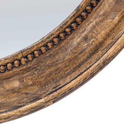Walnut Round Carved Wood Framed Wall Mirror with Hobnail Detail