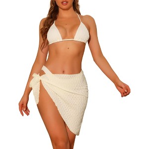 Elerevyo Women's Halter Hollow Out Mesh Swimsuits with Sarong Cover Up Beach Skirt Bathing Suit 3 Pcs - 1 of 4