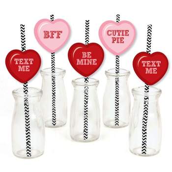 Big Dot of Happiness Conversation Hearts Paper Straw Decor - Valentine's Day Party Striped Decorative Straws - Set of 24