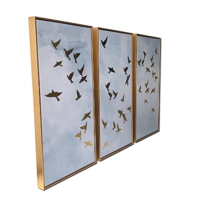 Golden Birds Triptych Floating Framed Canvas Wall Art
