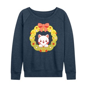 Women's - Instant Message - Chibi Cat Christmas Wreath Lightweight French Terry Wide Neck Long Sleeve Shirt - 1 of 4