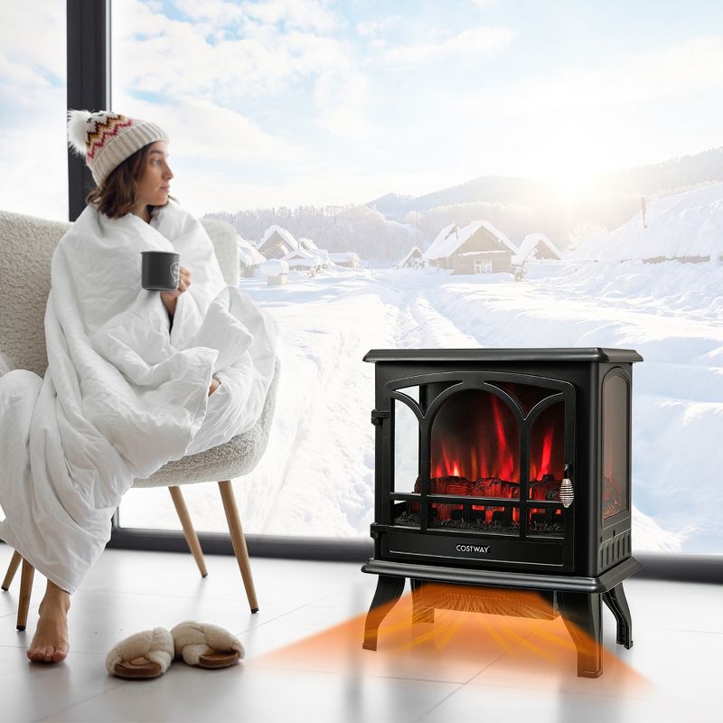 Costway 20” Freestanding Electric Fireplace 1400W Electric Stove Heater W/ 3-Level Flame Effect 3-Sided View & 6H Timer Overheat Protection, 2 of 11
