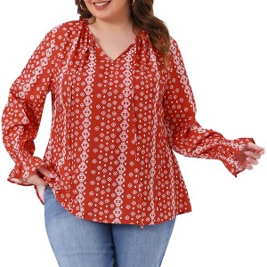 Women's Plus Size Printed Pattern Tie Notch V Neck Flare Long Sleeve Casual Blouses - Agnes Orinda - 1 of 4