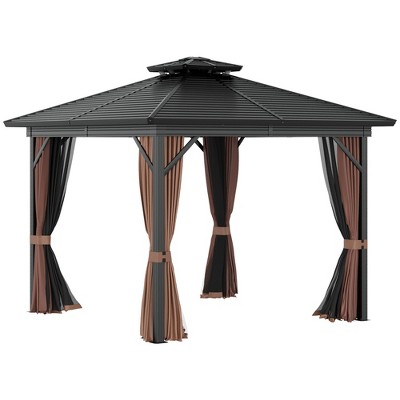 Outsunny Metal Hardtop Gazebo with Mesh Sidewalls & Curtains, Double Roof Pavilion for Patio, Backyard, Deck, Porch