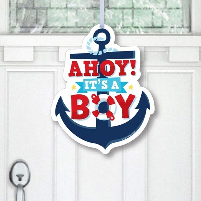 Big Dot of Happiness Ahoy It's a Boy - Hanging Porch Nautical Baby Shower Outdoor Decorations - Front Door Decor - 1 Piece Sign