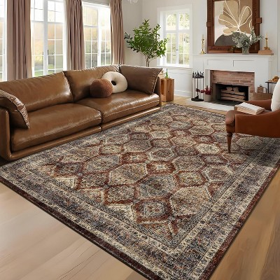 Washable Runner Rug Non Slip Floor Carpet, Low Pile Distressed Kitchen Rug, Non-Shedding Faux Wool Soft Rug, Vintage Printed Rug