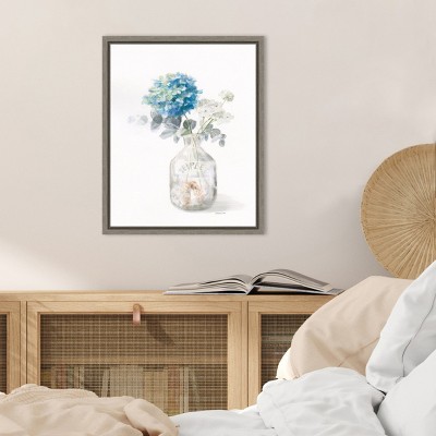 Blue and White Floral Canvas Print with Gray Frame