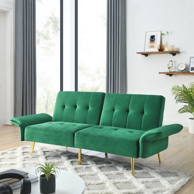 LOVMOR 78" Velvet Convertible Futon Sofa Bed with Adjustable Backrest and Armrest, Loveseat Sleeper Futon Couch w/ Storage Bag, for Living Room, Green