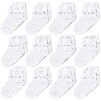 Cozyway Baby Girl Turn Cuff Ruffle Socks, 12 Pairs, Solid White, 3-5 Years Old