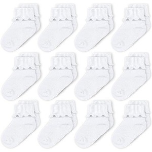 Cozyway Baby Girl Turn Cuff Ruffle Socks, 12 Pairs, Solid White, 3-5 Years Old - 1 of 4