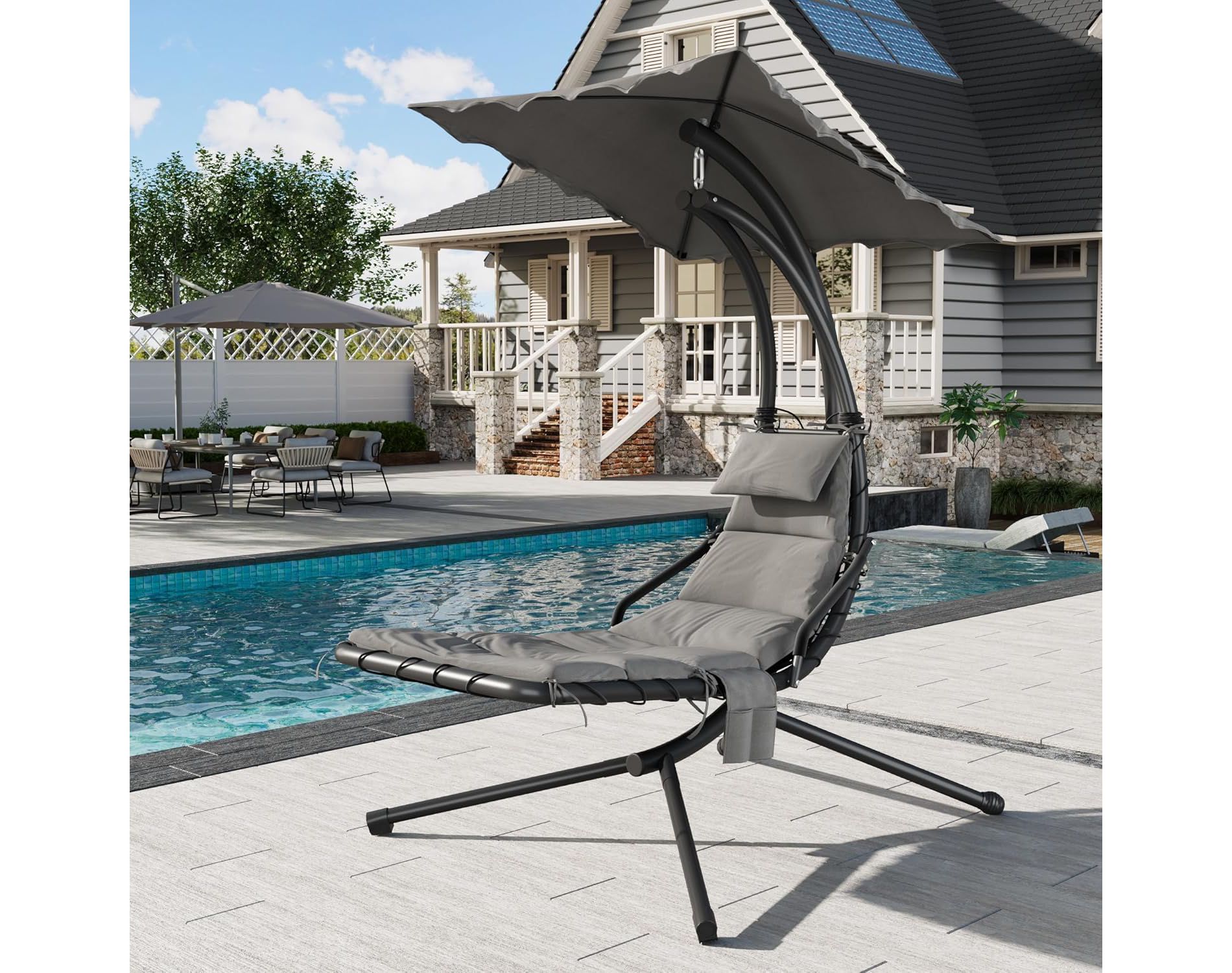 Outdoor Hanging Curved Steel Chaise Lounge Chair Curved Steel Hammock Lounger Chairs Swing with Pillow and Removable Canopy