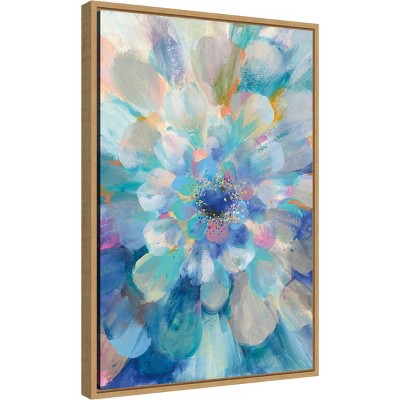 Intensity Floral II Blue and Pink Abstract Canvas Print with Maple Frame