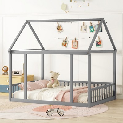 Montessori Floor Bed with House Roof Frame, for Kids