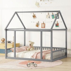 Montessori Floor Bed with House Roof Frame, for Kids - 1 of 4